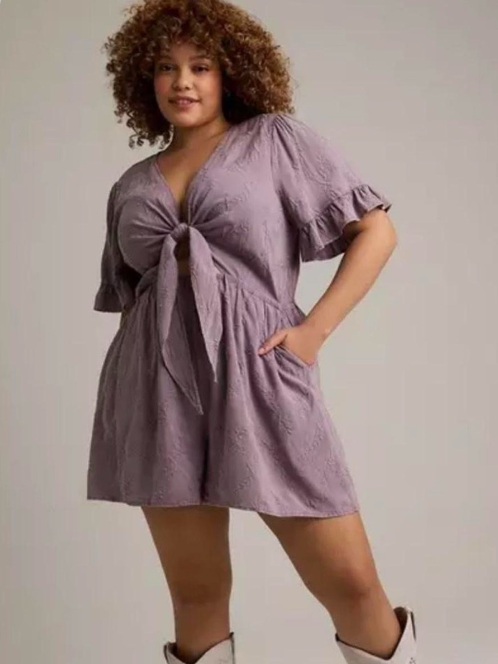 Torrid Tie-Front Eyelet Romper in Dusty Lavender